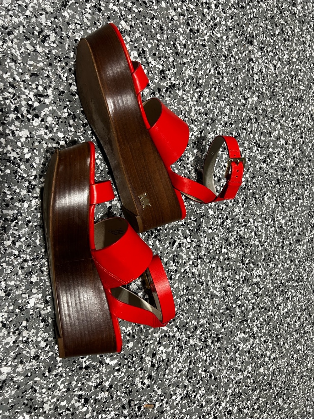 MICHAEL Michael Kors Red Leather Platform Sandals with Wood-Look Sole - Picture 1 of 6